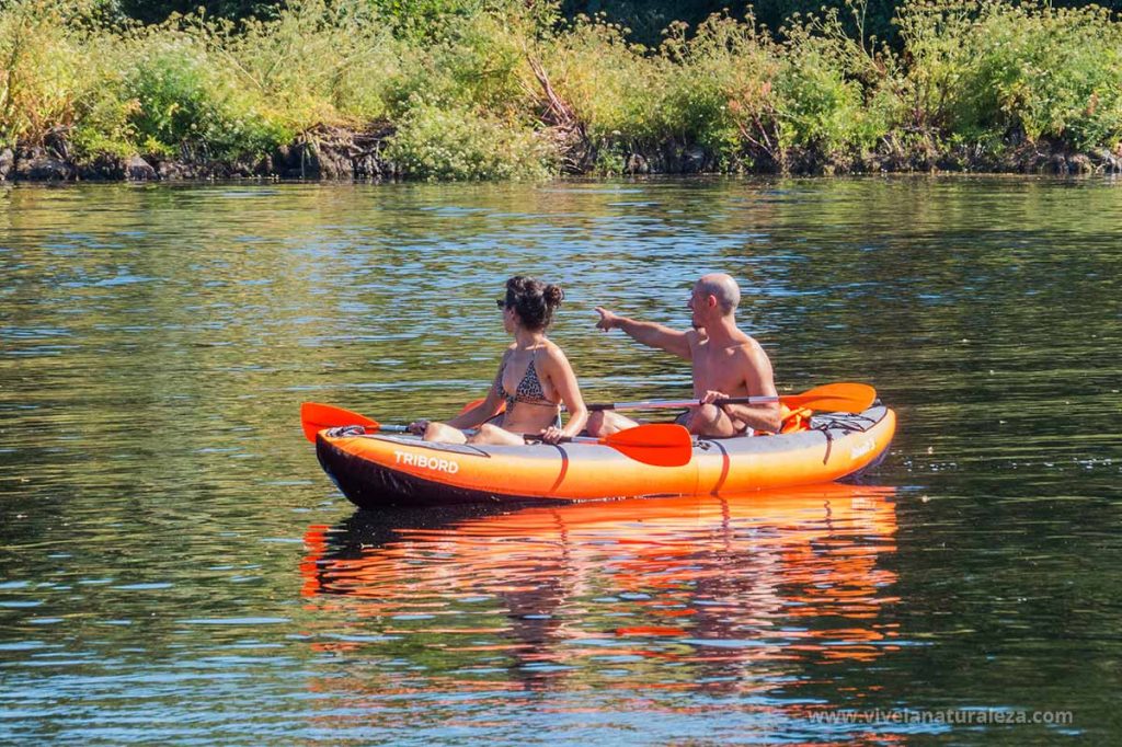 Una pareja disfruta de la naturaleza haciendo piragüismo en un río