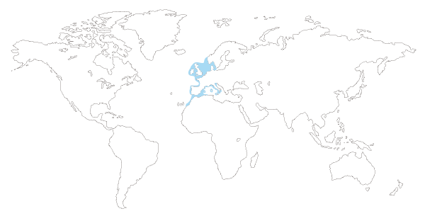 Mapa de distribucion mundial de la faneca (Trisopterus luscus)