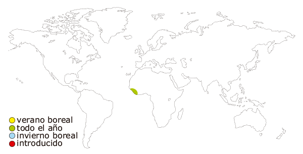 Mapa de distribucion mundial del ciclido joya o pez joya (Hemichromis bimaculatus)